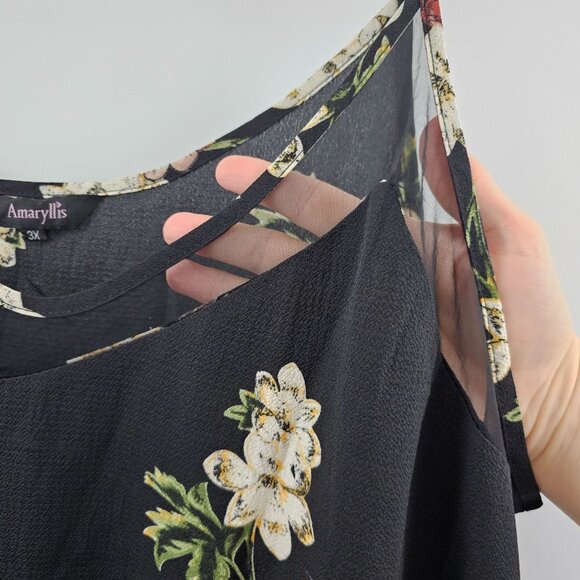 Amaryllis Tank Top 3X Dark Floral Sleeveless Black Cream Red Mesh Lightweight - Picture 4 of 8